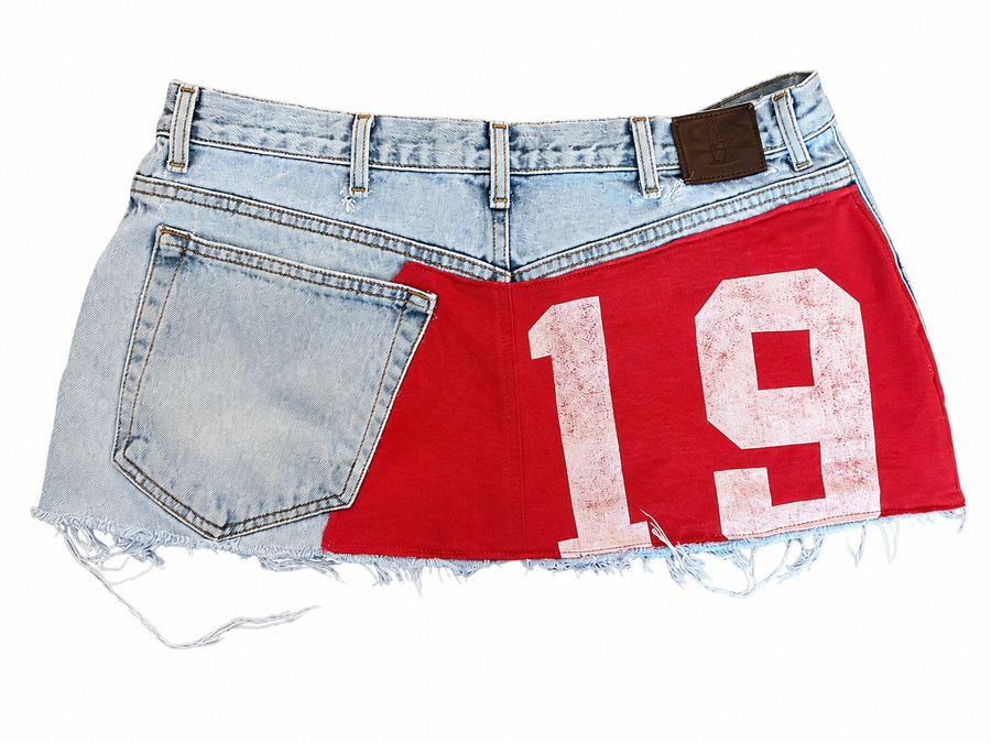Red Applique Print Denim Skirt - Planet Missy