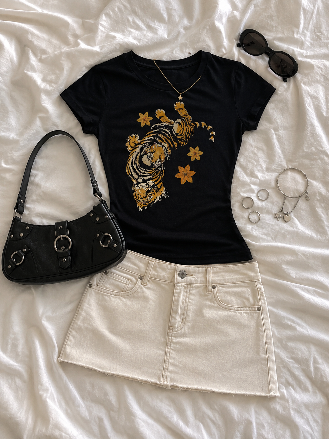 Vintage Y2K Black Tiger & Star Graphic Baby Tee - Short Sleeve Black Top
