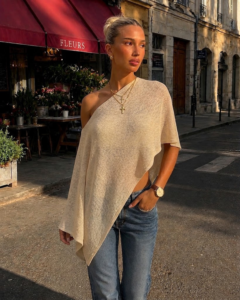 Asymmetric Cape Poncho Top Knit – Cream, Black
